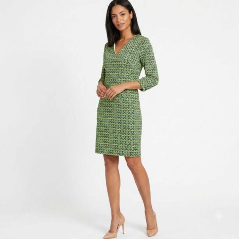 Ellie Kai Women's NWOT Lime Cobalt Blue Jersey Ikat Print Shift Dress Size 2